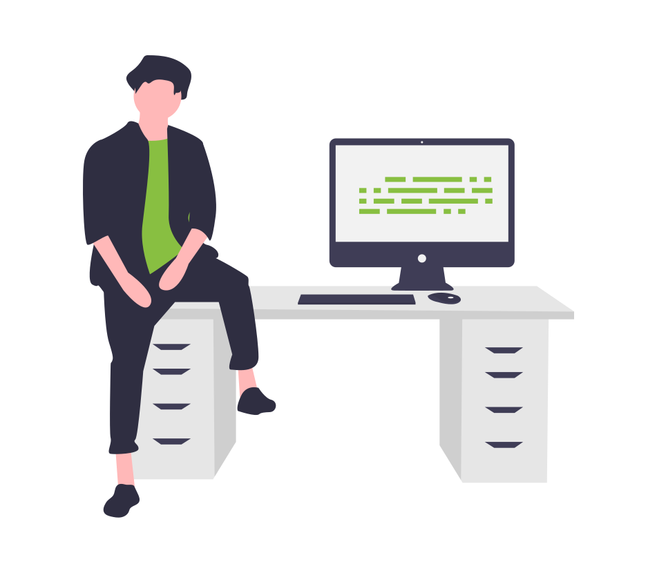 man sitting happy on his desk with a computer